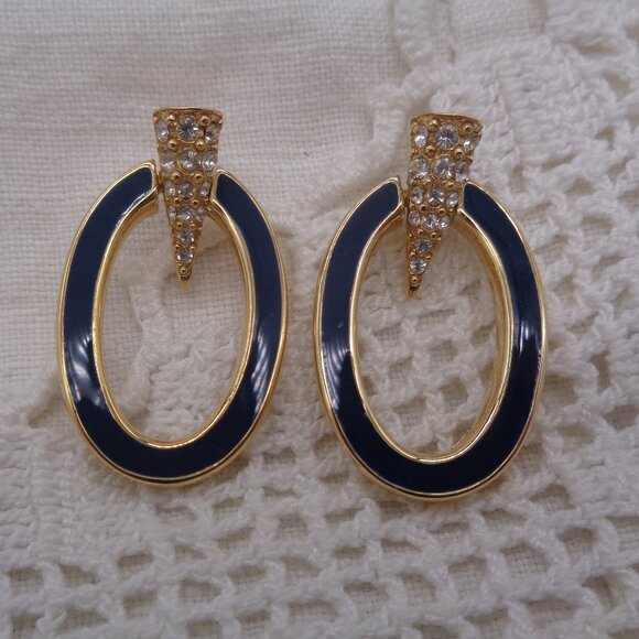 Vintage GIVENCHY Blue Enamel & Rhinestone Door Knocker Pierced EARRINGS - Picture 1 of 5